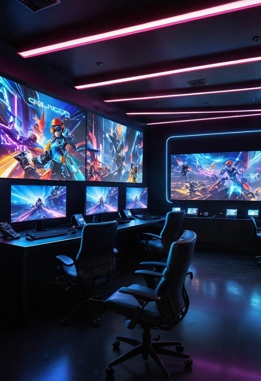 A dynamic gaming hub filled with diverse gamers of all ages, showcasing futuristic gaming stations with glowing screens and immersive headsets. The environment bursts with vibrant colors, featuring digital art and graphics inspired by popular games on the walls. Include elements such as holographic interfaces and a communal area with friends engaging in lively discussions. The atmosphere is electric, highlighting the transformation of interactive entertainment. super-realistic. vibrant colors. 3D.