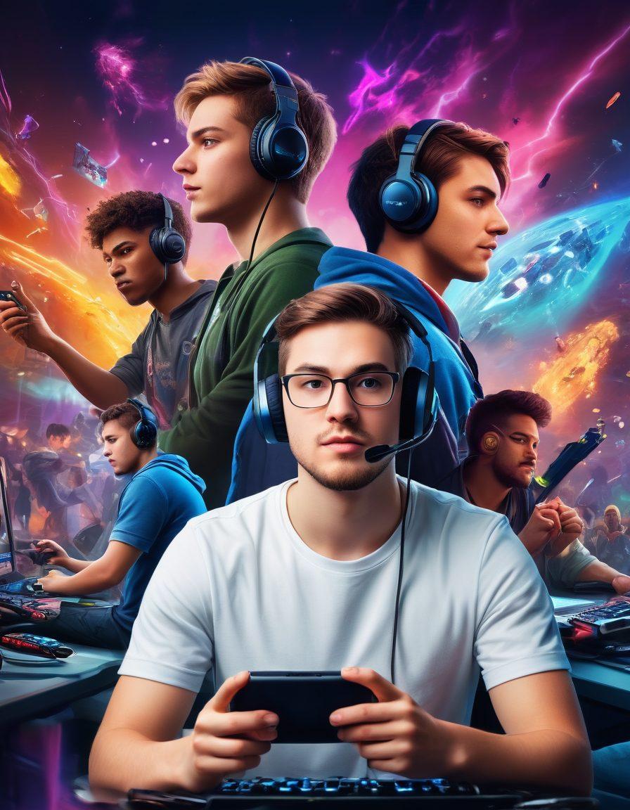 A vibrant, dynamic scene showcasing a diverse group of gamers immersed in various online gaming environments; include elements of casual gaming like mobile devices and competitive setups with high-end PCs and esports gear. Highlight the contrast in their expressions, from relaxed to intense focus, with colorful game graphics and iconic gaming symbols swirling around them. Include various styles of avatars representing different genres of gaming. super-realistic. vibrant colors. dynamic composition.