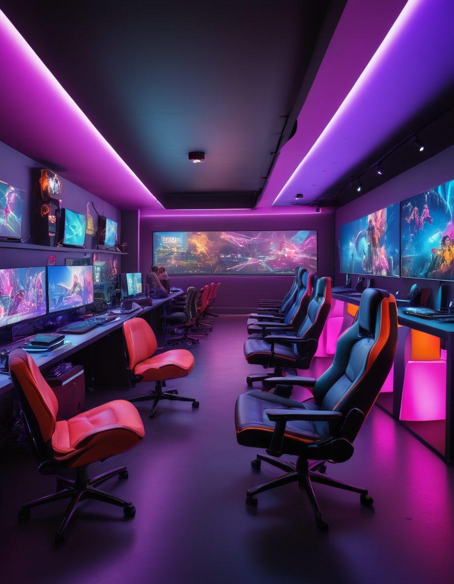 A vibrant gaming hub filled with neon lights, showcasing diverse gamers engaged in various games. Include futuristic gaming chairs, large screens displaying epic game scenes, and an inviting lounge area with colorful decor. Feature a diverse group of excited gamers, highlighting inclusivity and collaboration. The atmosphere should be dynamic and lively, giving a feel of immersive fun. super-realistic. vibrant colors. 3D.